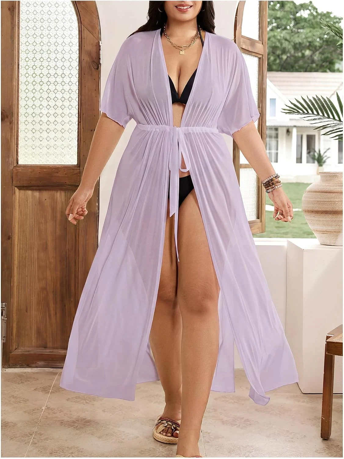 Plus Size Short Sleeve Beach Kimono Drawstring Waist by OYOANGLE, photograph 1 of 3