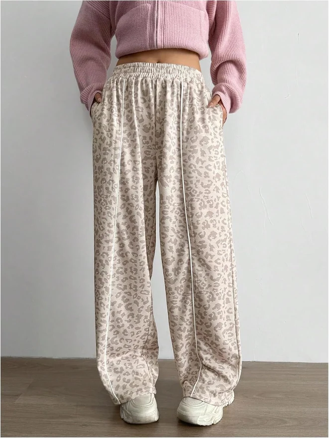 Leopard Print Sweatpants Elastic Waist Loose Straight Leg by OYOANGLE