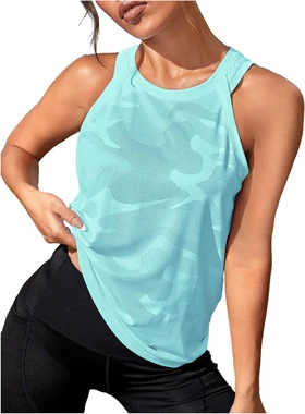 Camo Print Sleeveless Workout Running Tank Tops Yoga Shirt in Mint Blue
