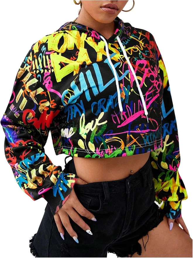 Crop Hoodie Long Sleeve Graffiti Print Hooded Sweatshirt by OYOANGLE, photograph 3 of 4