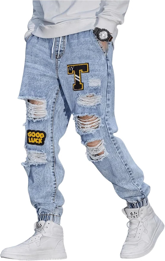 Cargo Joggers Pants Letter Patched Ripped Jeans Elastic by OYOANGLE