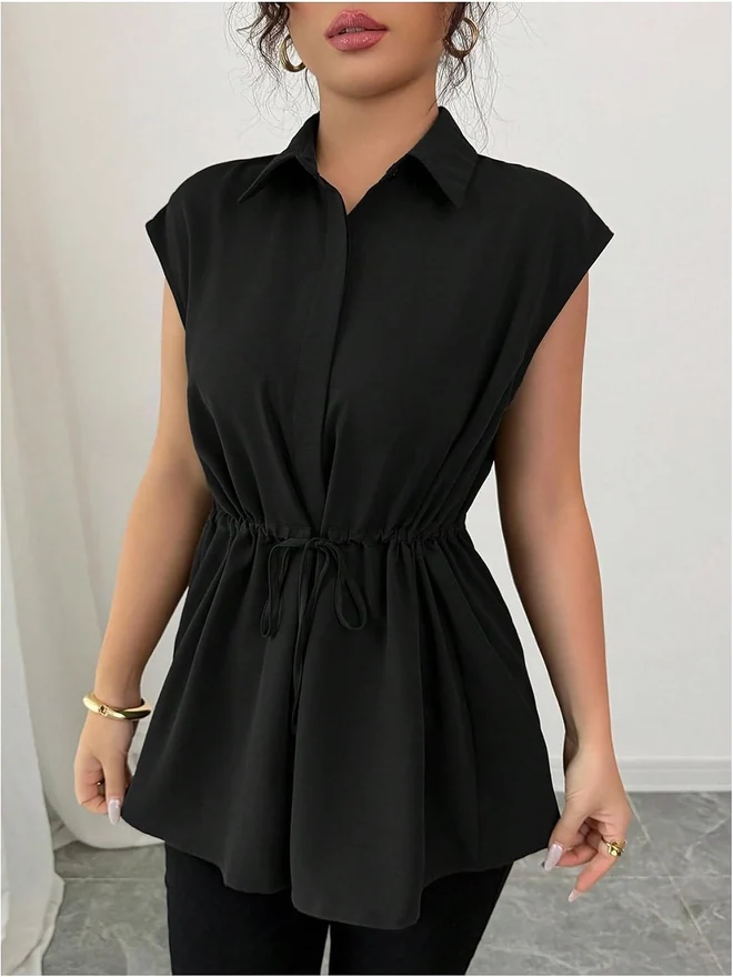 Button Down Shirt Short Sleeve Peplum Business Blouse by OYOANGLE, photograph 4 of 4