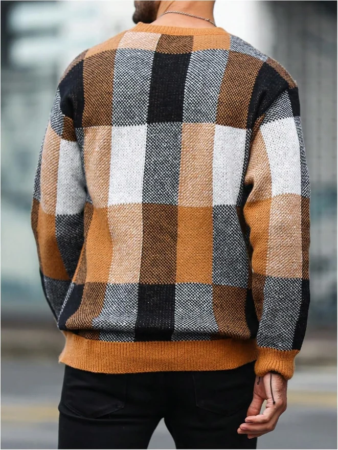 Colorblock Plaid Long Sleeve Crew Neck Sweater Pullover Tops by OYOANGLE, photograph 2 of 4