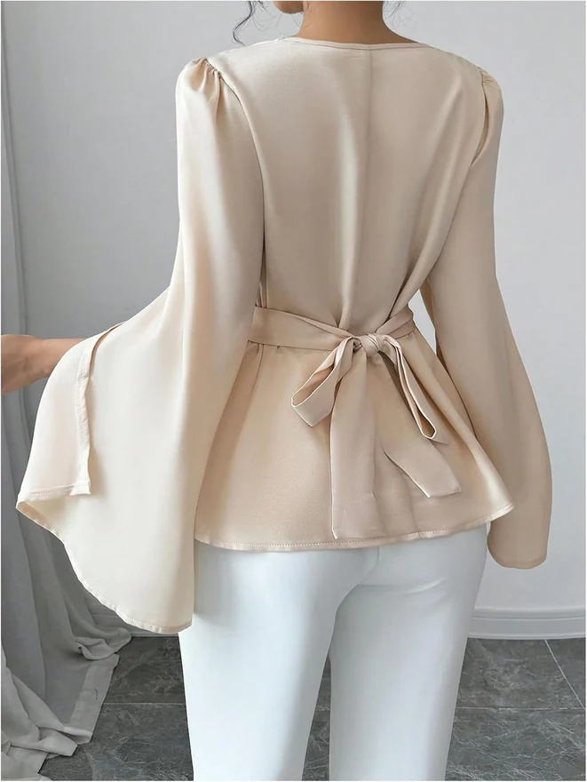 Cowl Neck Long Sleeve Satin Blouse Apricot by OYOANGLE, photograph 3 of 4