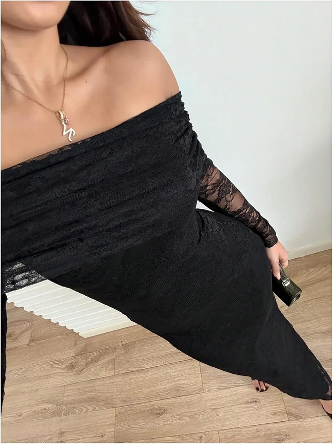 Lace Off the Shoulder Long Sleeve Bodycon Maxi Dress Black by OYOANGLE, photograph 3 of 3