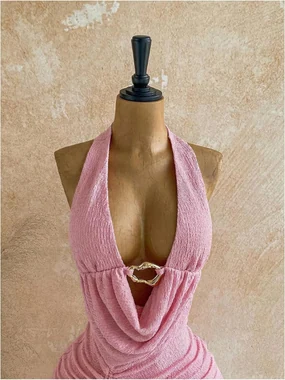 Y2K Halter Ring Linked Ruched Bodycon Mini Night Out Dress in Pink