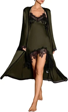 2 Piece Silky Satin Nightgown Spaghetti Strap Lace Slip Dress in Army Green