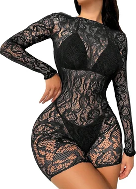 Floral Lace Sheer Mesh Hollow Out Bodysuit Romper Jumpsuit in Black
