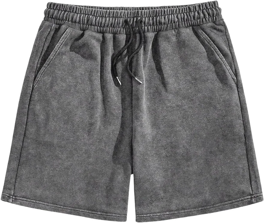 Vintage Washed Drawstring Elastic Waist Shorts Light Grey by OYOANGLE