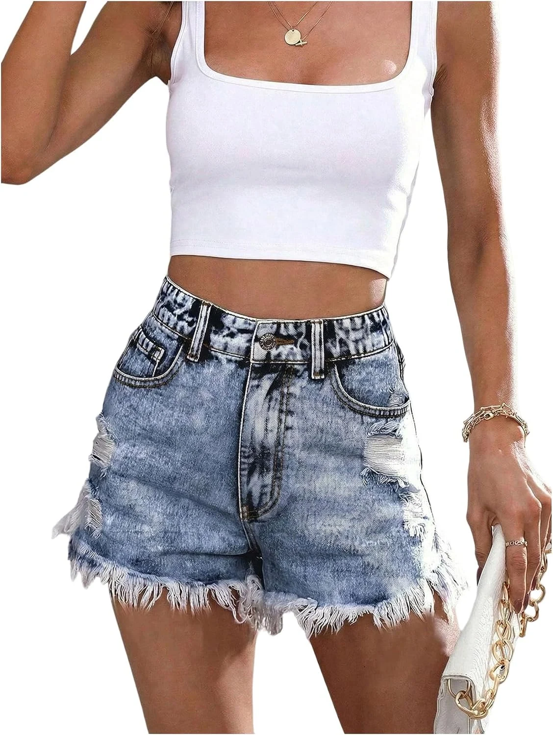 Y2k Ripped Denim Shorts High Waist Frayed Hem Jean Shorts by OYOANGLE, photograph 1 of 4