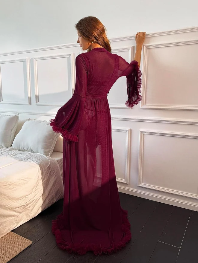 Ruffle Trim Sheer Mesh Wedding Bride Robe Long Nightgown by OYOANGLE, photograph 2 of 3