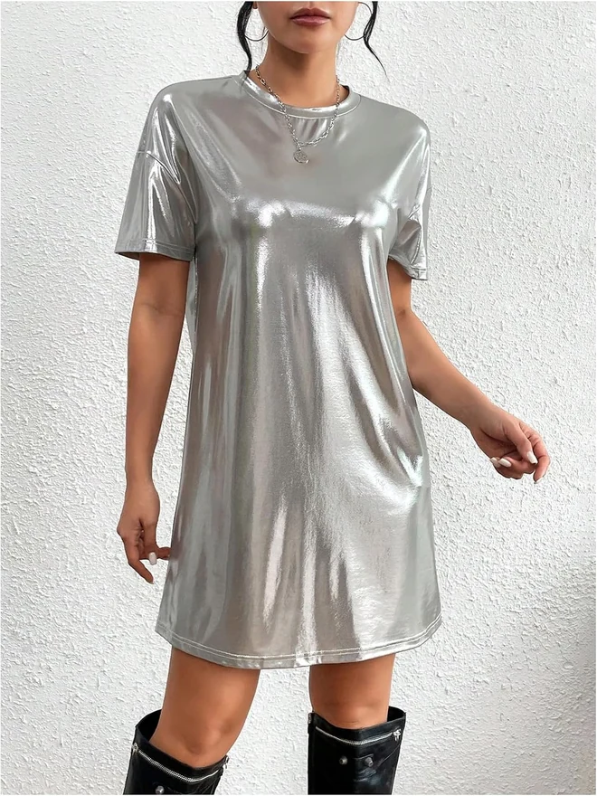Metallic Tee Dress Crewneck Short Sleeve Tunic Club Dress by OYOANGLE, photograph 3 of 3