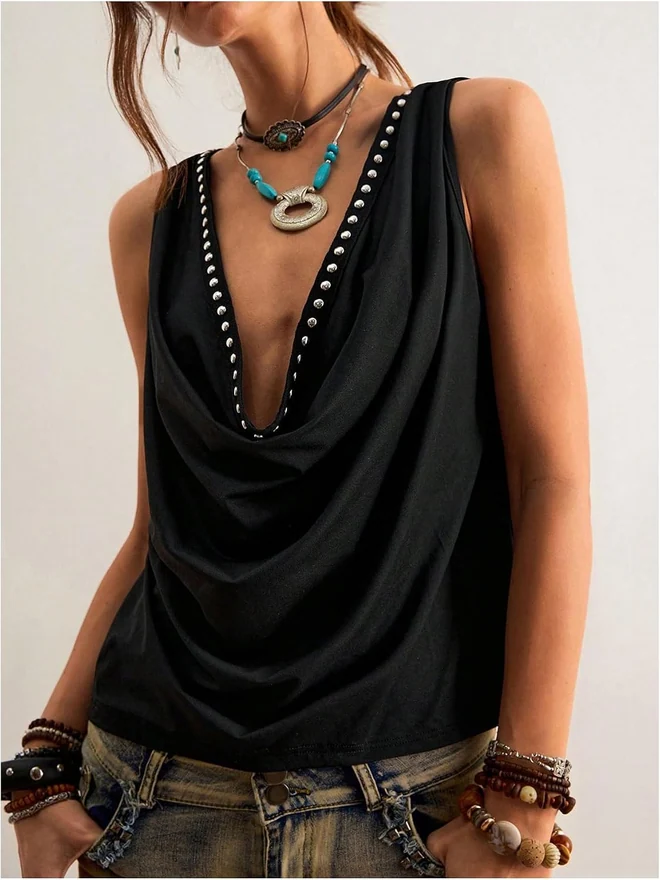 Studded Cowl Neck Tank Top Ruched Open Back Y2K Gothic Rave by OYOANGLE, photograph 2 of 3