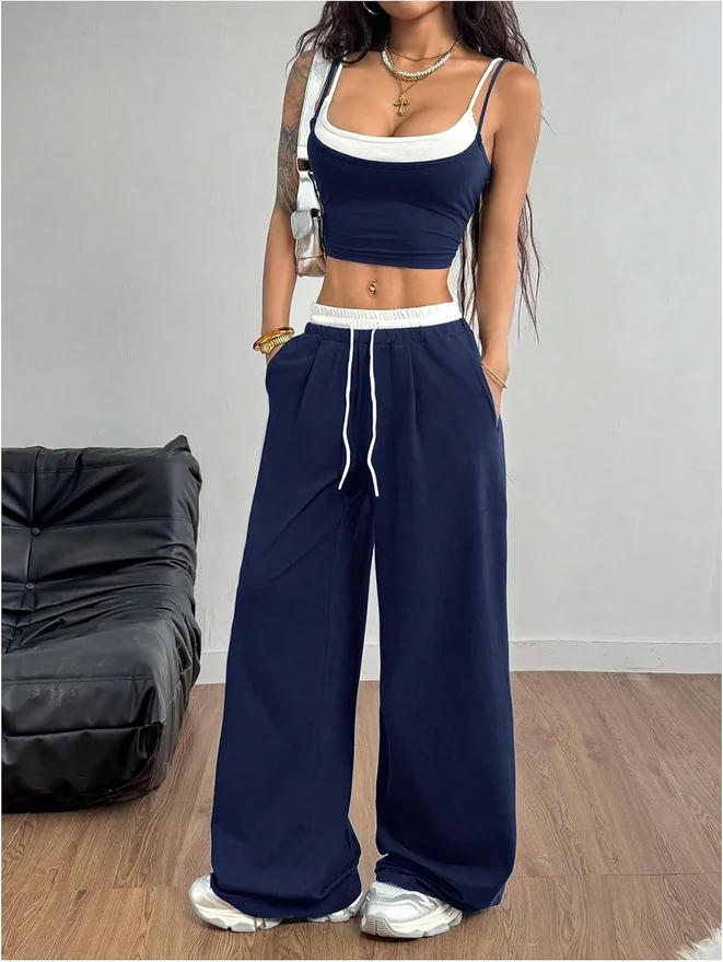 Y2k 2 Pieces Set 2 in 1 Crop Top and Wide Leg Pants Outfit by OYOANGLE