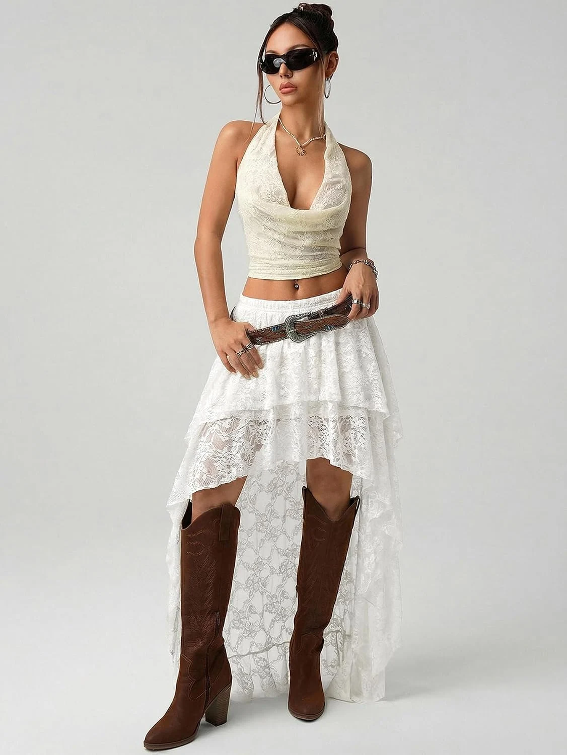 Maxi Skirt Summer Y2K Lace Ruffle Asymmetrical Rave Outfit by OYOANGLE, photograph 1 of 3