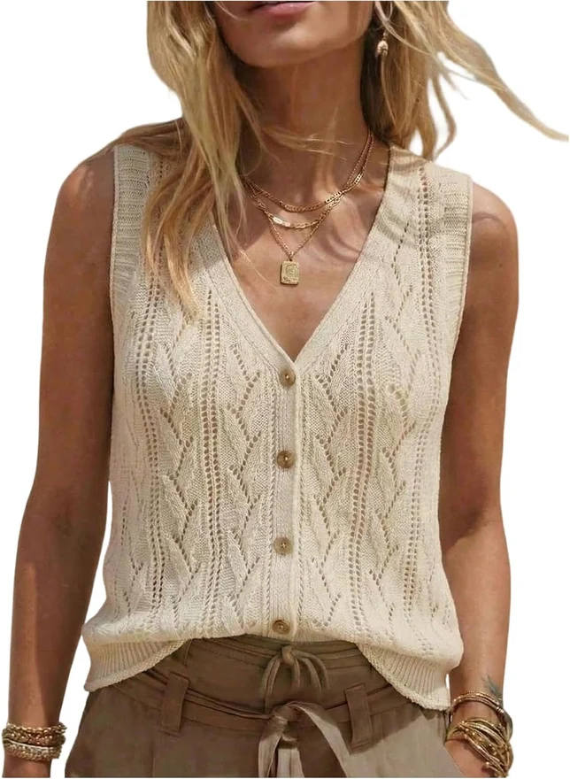Button Down Sweater Vest Boho Crochet Hollow Out V Neck by OYOANGLE