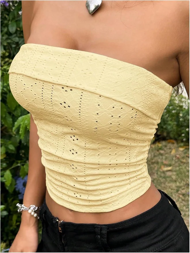 Eyelet Embroidered Tube Top Strapless Ruched Slim Fit Y2K Crop by OYOANGLE, photograph 2 of 4