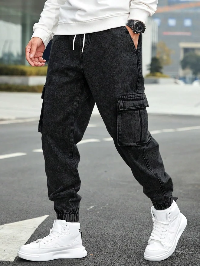 Drawstring Waist Flap Pocket Jogger Cargo Pants Carrot Denim by OYOANGLE, photograph 2 of 3