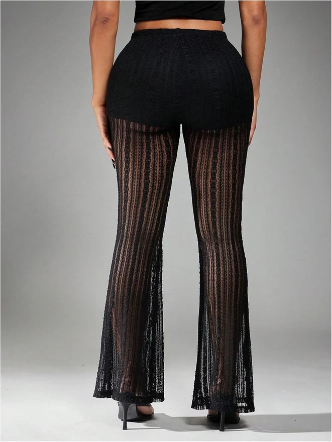 Floral Lace Sheer Mesh Flare Pants High Waist Long Trousers by OYOANGLE, photograph 2 of 3