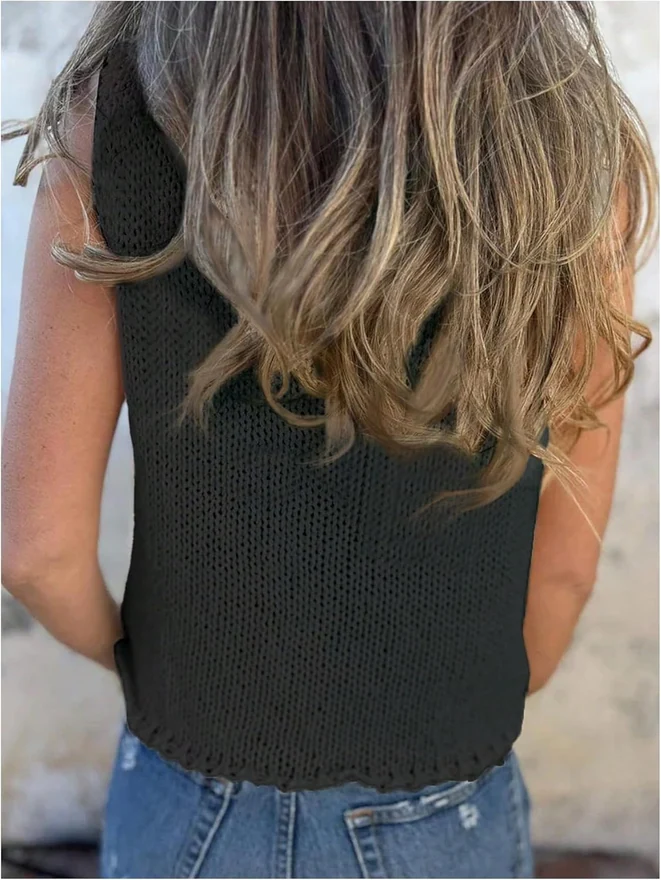 Button Up Crochet Sweater Vest Deep V Neck Sleeveless Knitwear by OYOANGLE, photograph 2 of 2
