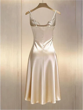 Satin Spaghetti Strap Midi Wedding Dress Elegant Cowl Neck Side in Champagne