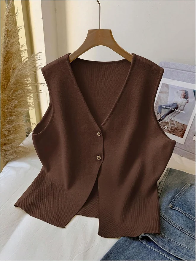 Plus Size Sweater Vest Button Up V Neck Sleeveless Sweater Tops by OYOANGLE, photograph 3 of 4