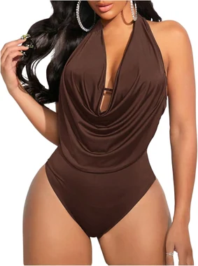 Draped Halter Bodysuits Backless Tank Top Bodysuit in Rust Brown
