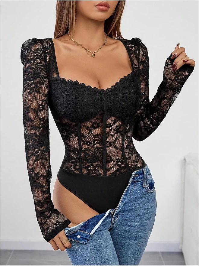 Floral Lace Long Sleeve V Neck Mesh Corset Bodysuit Leotar by OYOANGLE, photograph 2 of 4