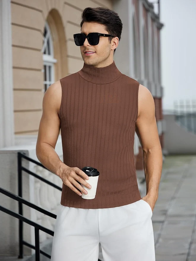 Casual Turtleneck Sleeveless Ribbed Knit Slim Fit Vest Tank Top by OYOANGLE, photograph 2 of 3