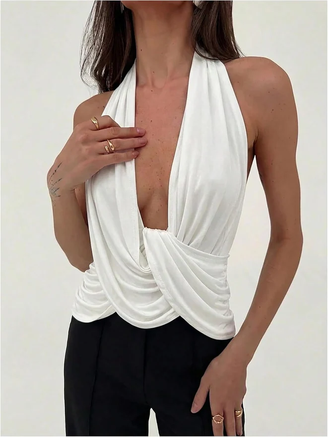 Cowl Neck Halter Tops White by OYOANGLE, photograph 3 of 4