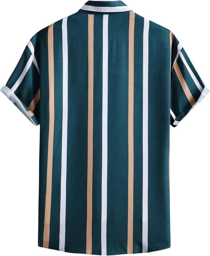Color Block Striped Print Short Sleeve Button Down Shirt by OYOANGLE, photograph 3 of 4
