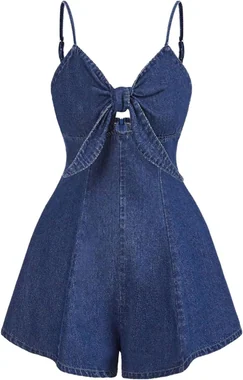 Vintage Bowknot Spaghetti Strap Denim Romper Jean Dress in Medium Wash