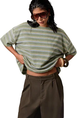 Oversized Striped T Shirts Ribbed Knit Y2k Going Out Tops in Army Green