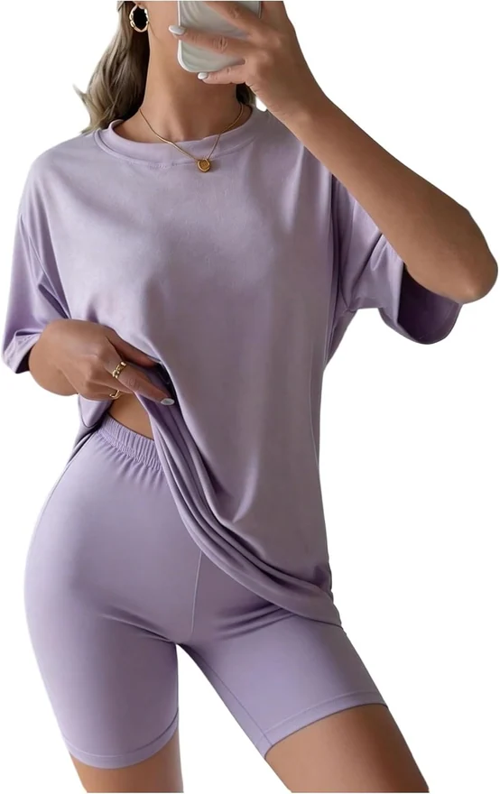 Pajama Sets for Women 2 Piece Short Sleeve Tshirt and Biker by OYOANGLE