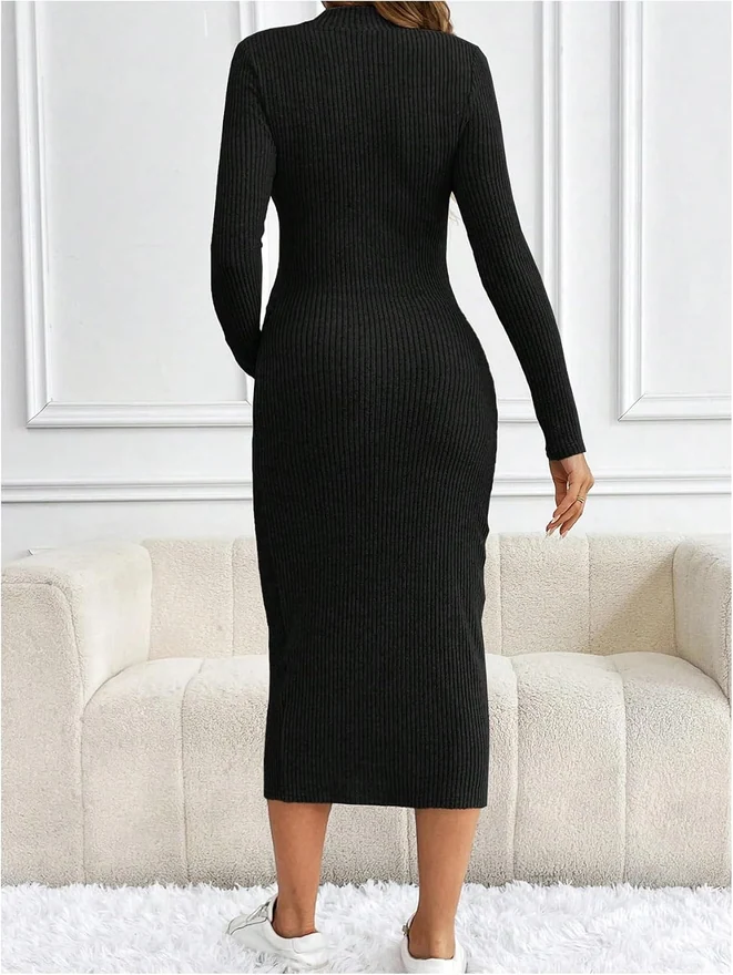 Maternity Mock Neck Knit Dress Warm Maxi Sweater Dresses by OYOANGLE