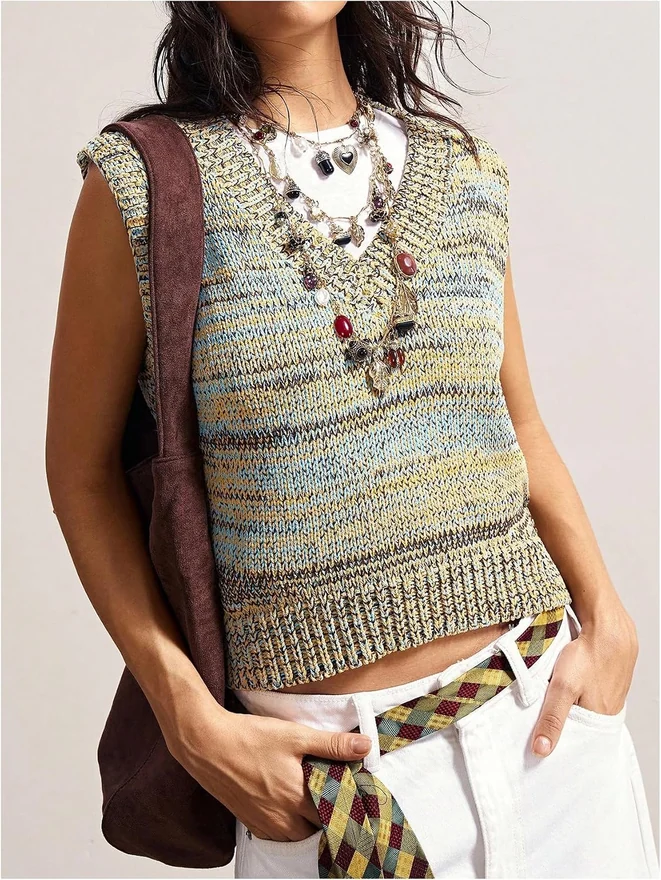 Vintage Striped Sweater Vest V Neck Sleeveless Knit Tops by OYOANGLE, photograph 4 of 4