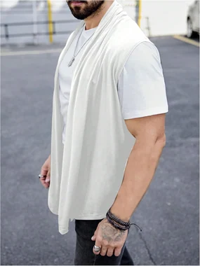 Sleeveless Cardigan Open Front Draped Collar Vest in White