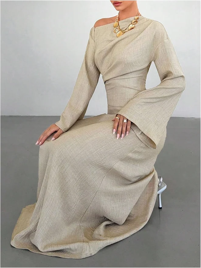 Off the Shoulder Ruched A Line Maxi Dress Apricot by OYOANGLE, photograph 3 of 3