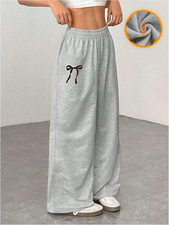 Girl's Bow Print Elastic High Waist Teen Sweatpants Grey by OYOANGLE