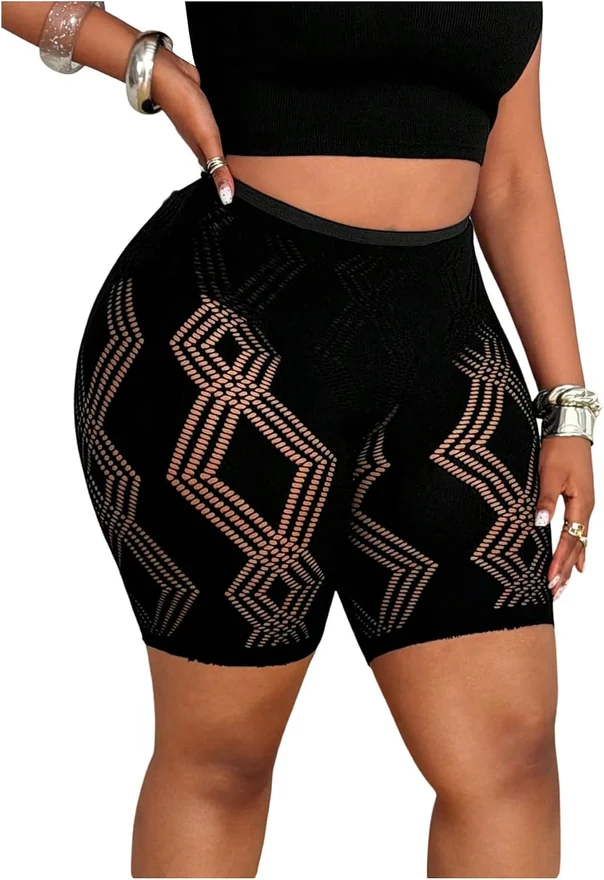 Plus Size Hollow Out High Waisted Biker Shorts Leggings by OYOANGLE