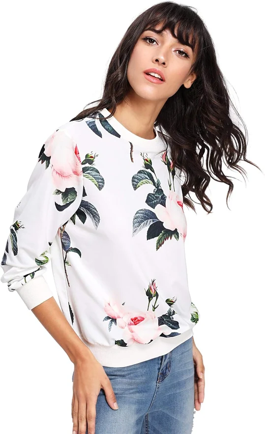 Casual Flower Print Long Sleeve Round Neck Pullover White by OYOANGLE