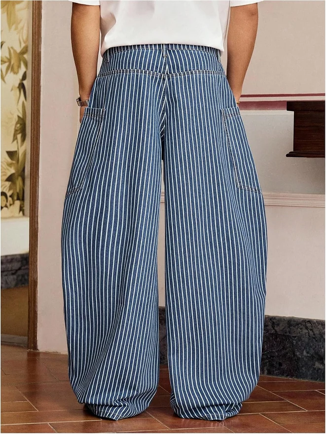Striped Baggy Jeans Loose Wide Leg Y2K Denim Pants Blue by OYOANGLE, photograph 2 of 3