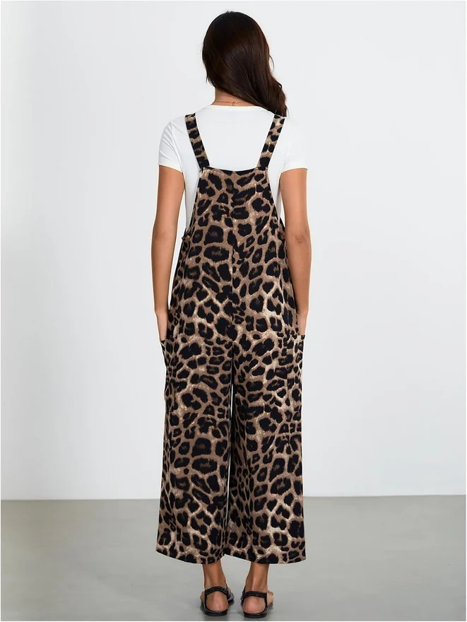 Leopard Print Sleeveless Straight Leg Jumpsuits with Pocket by OYOANGLE