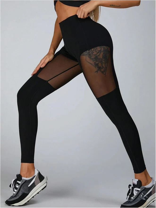 Sexy Mesh Hollow-Out Breathable High Waist Leggings Black by OYOANGLE, photograph 2 of 4