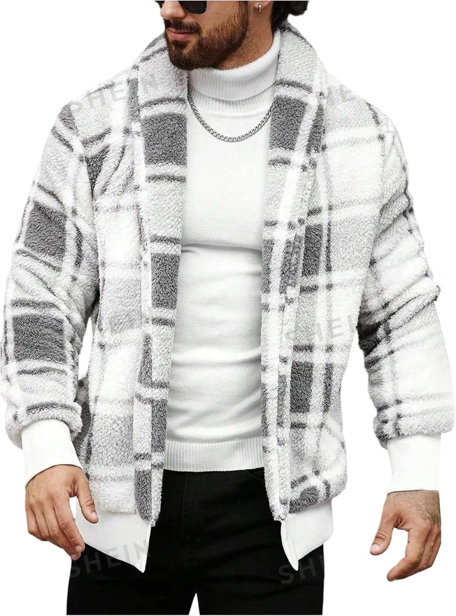 Gingham Fuzzy Fleece Jacket Open Front Thermal Sherpa Coat by OYOANGLE
