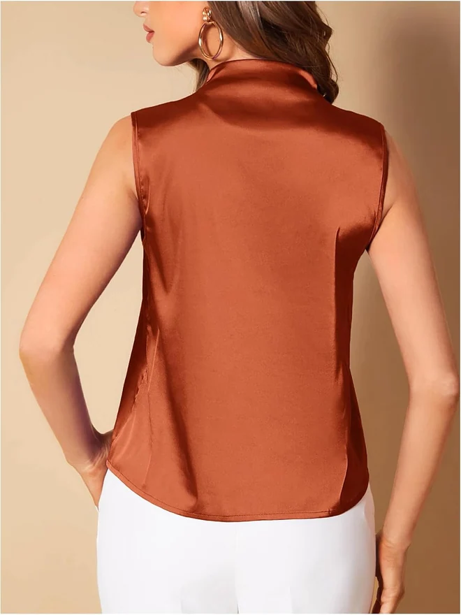 Pleated V Neck Silky Satin Blouse Sleeveless Office Shirt by OYOANGLE, photograph 3 of 4