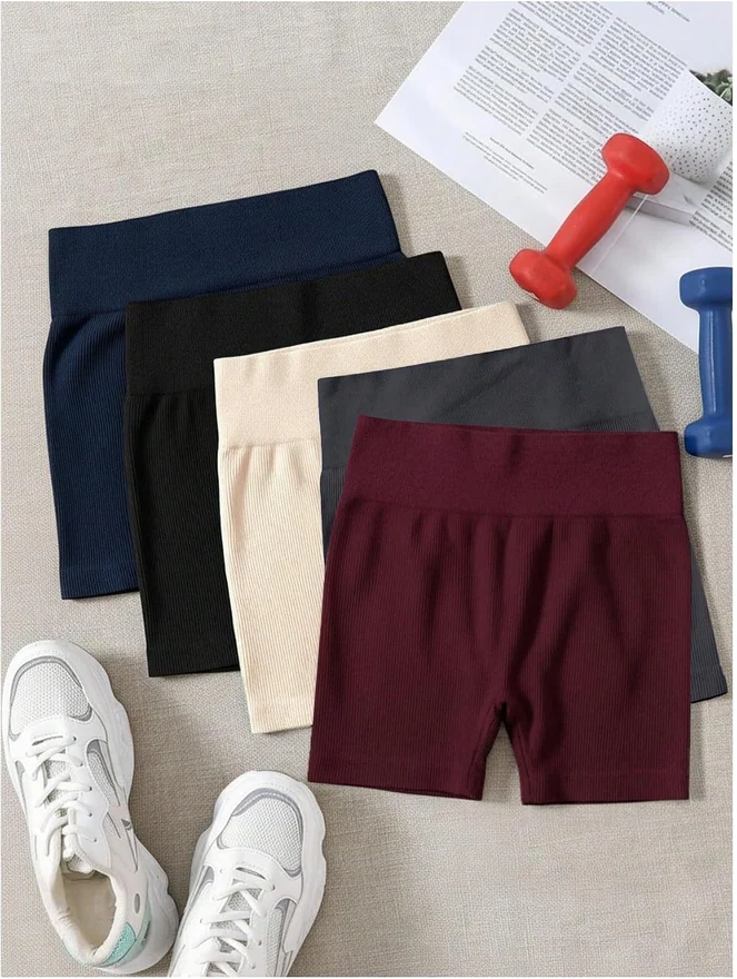 5 Pack Ribbed Biker High Waisted Workout Gym Shorts by OYOANGLE, photograph 3 of 4