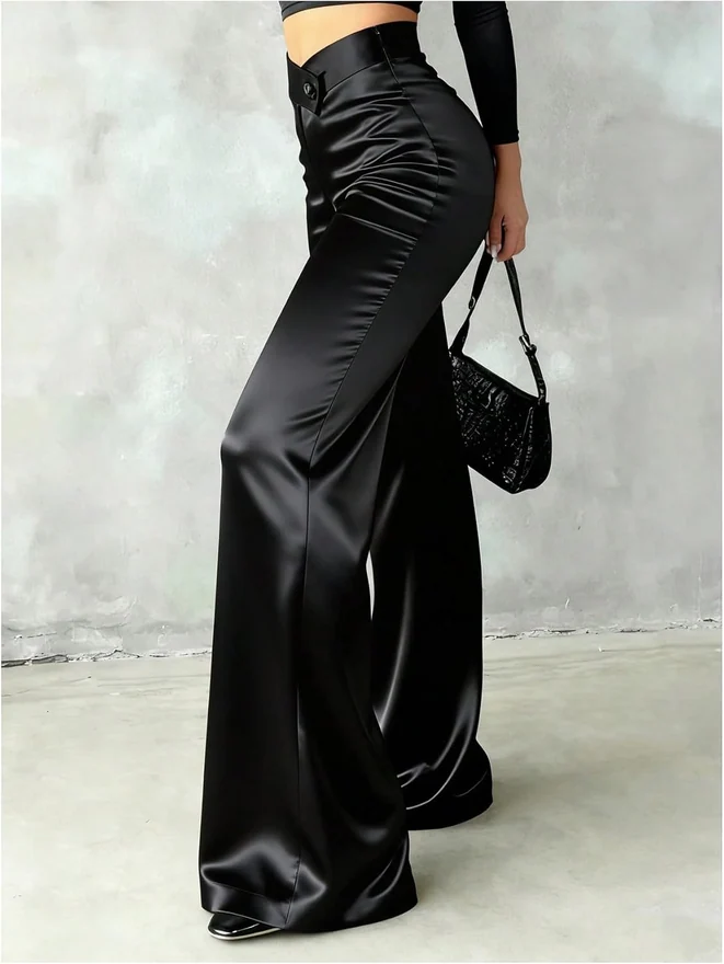 Satin Straight Leg Pants High Waist Business Casual Pants by OYOANGLE