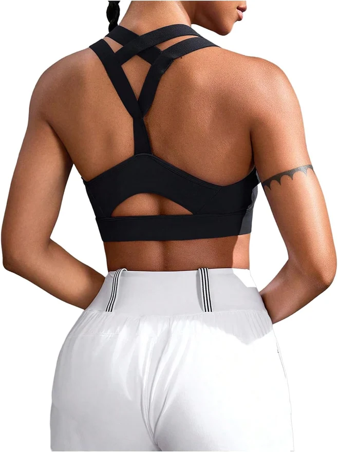 Sports Bra Cut Out Criss Cross Back Padded Yoga Crop Tops by OYOANGLE