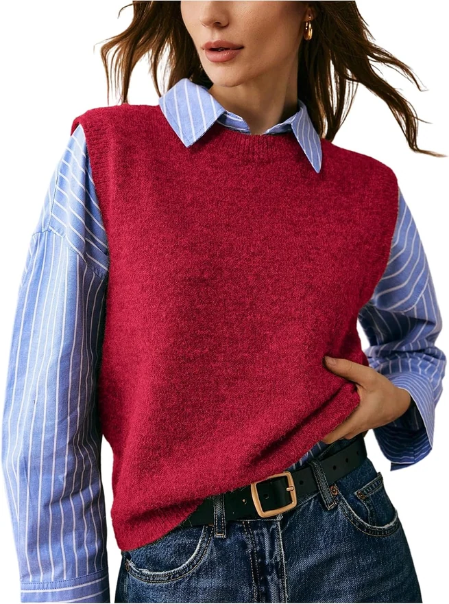 Sweater Vest Crew Neck Sleeveless Sweater Tops Basic Solid by OYOANGLE